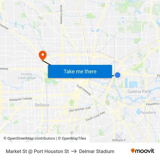 Market St @ Port Houston St to Delmar Stadium map