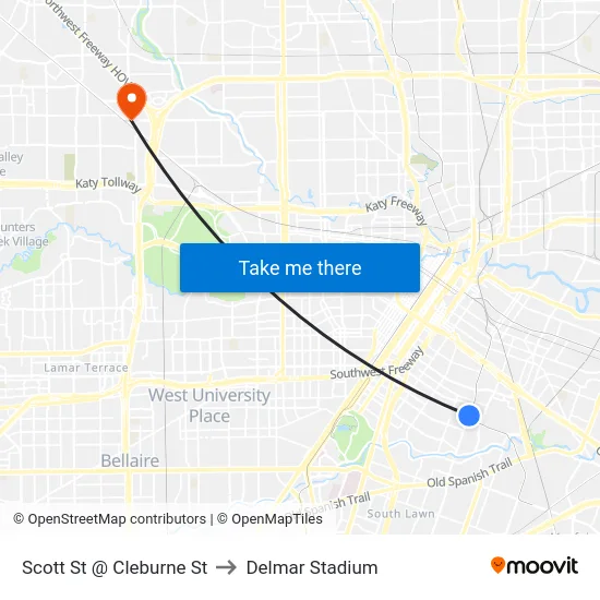 Scott St @ Cleburne St to Delmar Stadium map