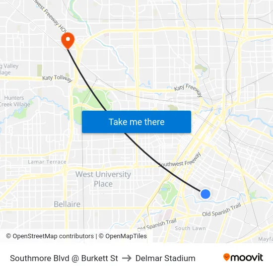 Southmore Blvd @ Burkett St to Delmar Stadium map