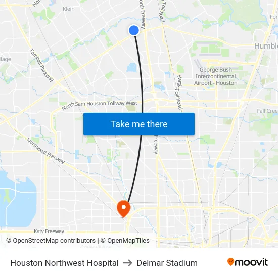 Houston Northwest Hospital to Delmar Stadium map