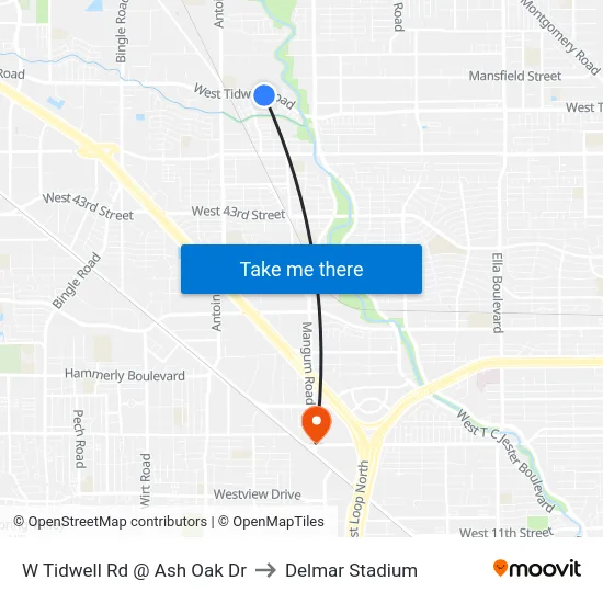 W Tidwell Rd @ Ash Oak Dr to Delmar Stadium map