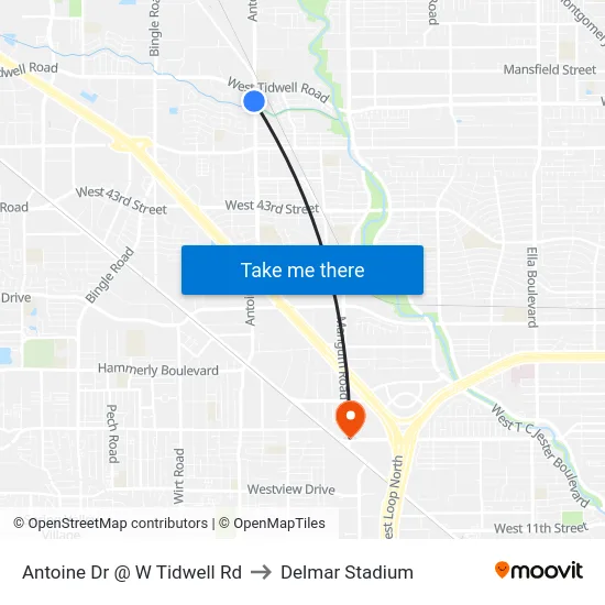 Antoine Dr @ W Tidwell Rd to Delmar Stadium map