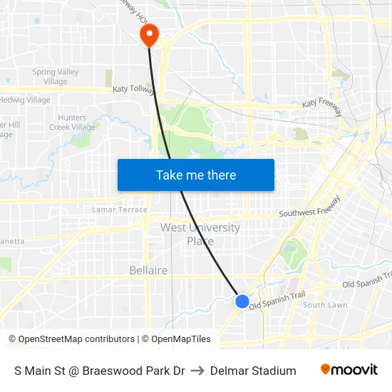 S Main St @ Braeswood Park Dr to Delmar Stadium map