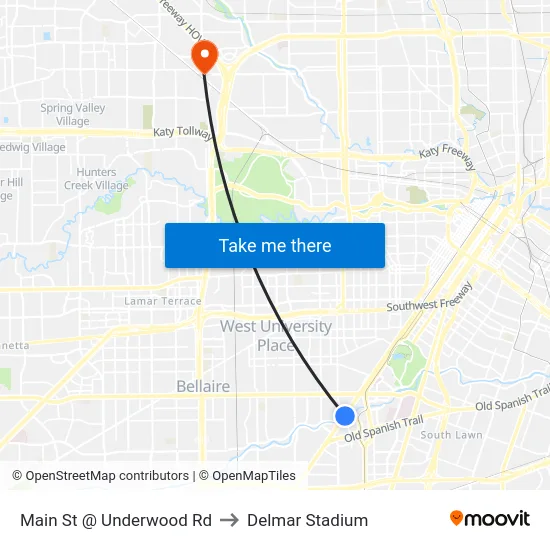 Main St @ Underwood Rd to Delmar Stadium map