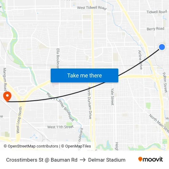 Crosstimbers St @ Bauman Rd to Delmar Stadium map