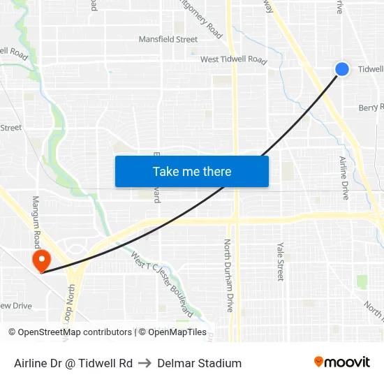 Airline Dr @ Tidwell Rd to Delmar Stadium map
