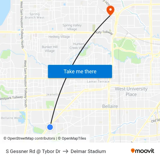 S Gessner Rd @ Tybor Dr to Delmar Stadium map