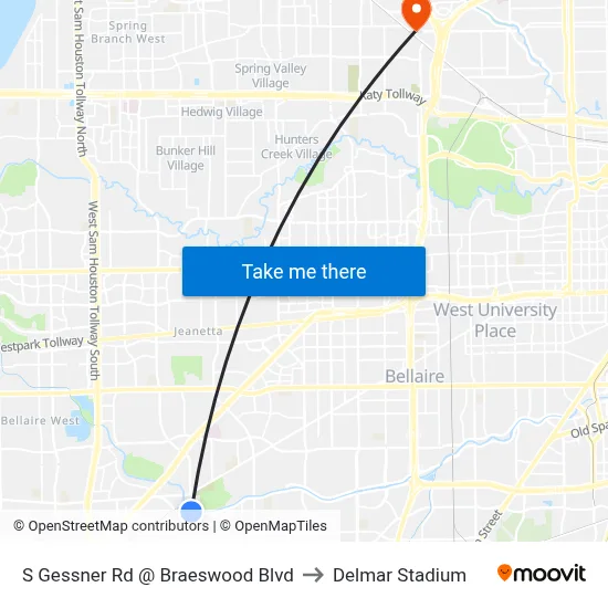 S Gessner Rd @ Braeswood Blvd to Delmar Stadium map