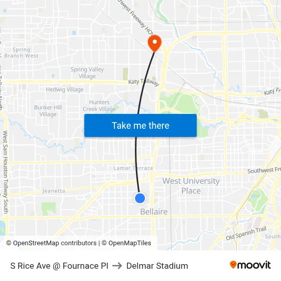 S Rice Ave @ Fournace Pl to Delmar Stadium map