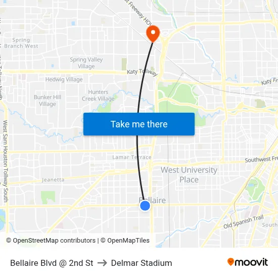 Bellaire Blvd @ 2nd St to Delmar Stadium map