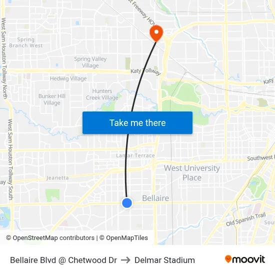 Bellaire Blvd @ Chetwood Dr to Delmar Stadium map