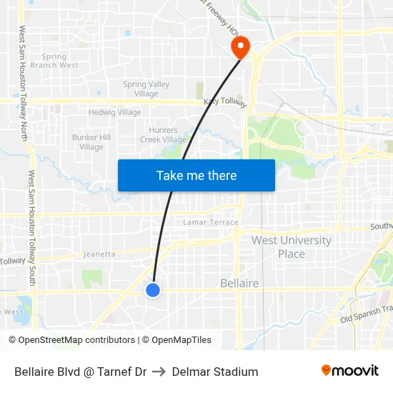 Bellaire Blvd @ Tarnef Dr to Delmar Stadium map