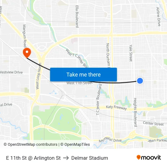 E 11th St @ Arlington St to Delmar Stadium map