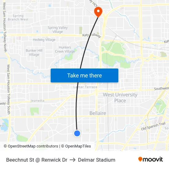 Beechnut St @ Renwick Dr to Delmar Stadium map