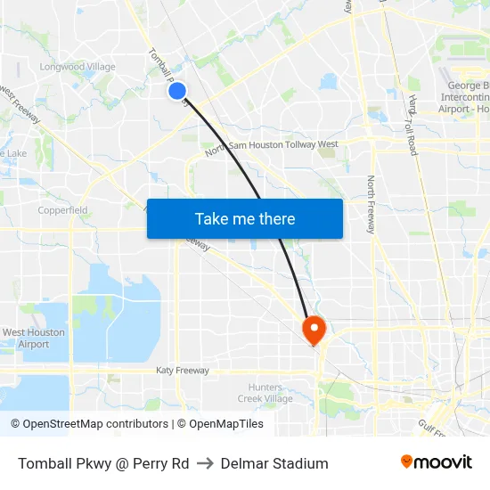 Tomball Pkwy @ Perry Rd to Delmar Stadium map