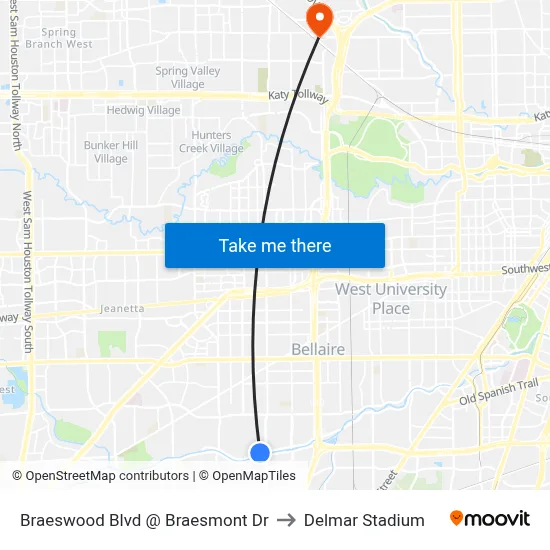 Braeswood Blvd @ Braesmont Dr to Delmar Stadium map