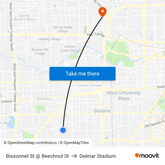 Bissonnet St @ Beechnut St to Delmar Stadium map