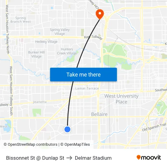 Bissonnet St @ Dunlap St to Delmar Stadium map