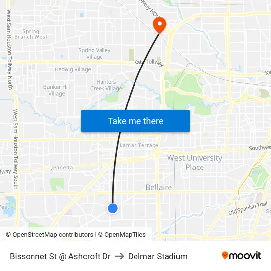 Bissonnet St @ Ashcroft Dr to Delmar Stadium map