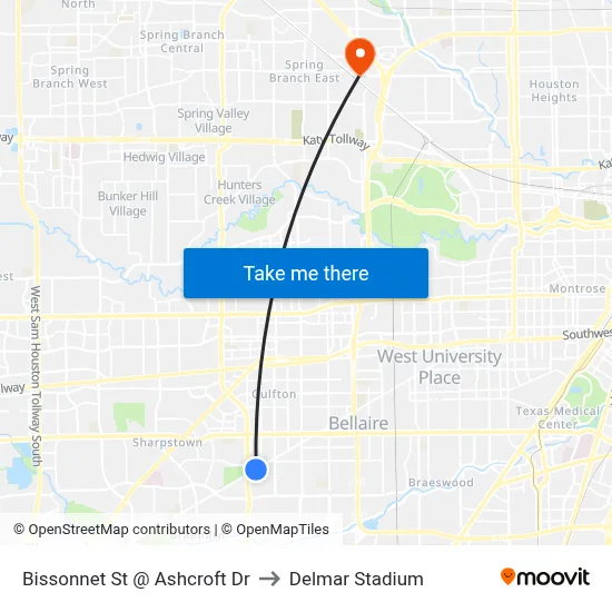 Bissonnet St @ Ashcroft Dr to Delmar Stadium map