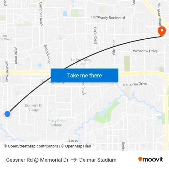 Gessner Rd @ Memorial Dr to Delmar Stadium map