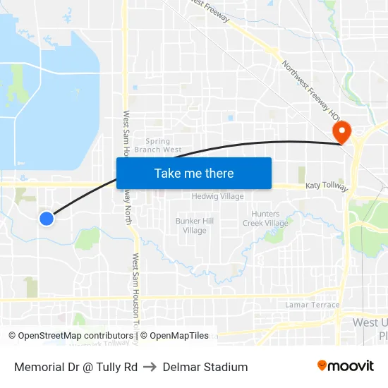 Memorial Dr @ Tully Rd to Delmar Stadium map