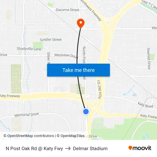 N Post Oak Rd @ Katy Fwy to Delmar Stadium map
