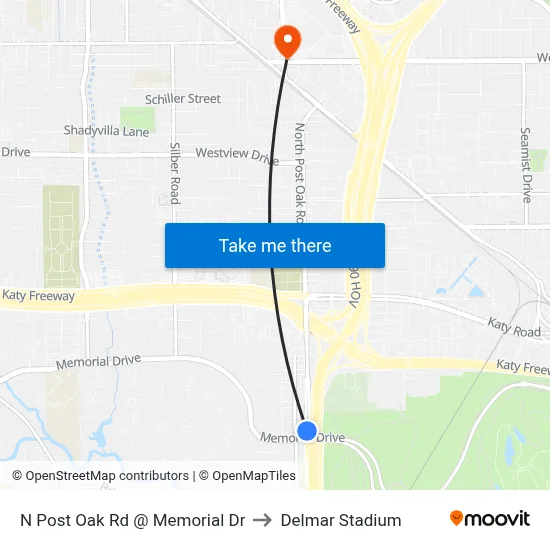 N Post Oak Rd @ Memorial Dr to Delmar Stadium map