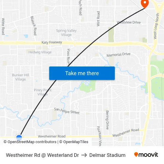 Westheimer Rd @ Westerland Dr to Delmar Stadium map
