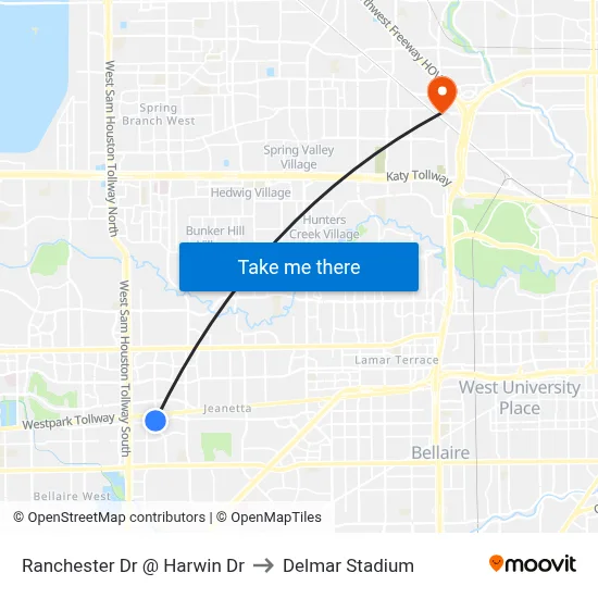 Ranchester Dr @ Harwin Dr to Delmar Stadium map