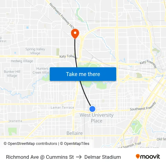 Richmond Ave @ Cummins St to Delmar Stadium map