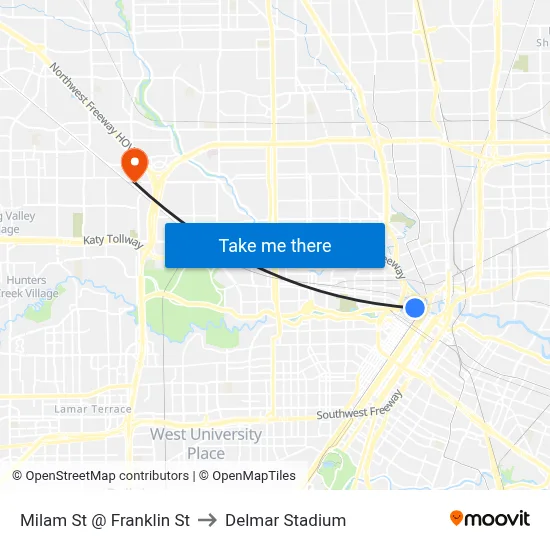 Milam St @ Franklin St to Delmar Stadium map