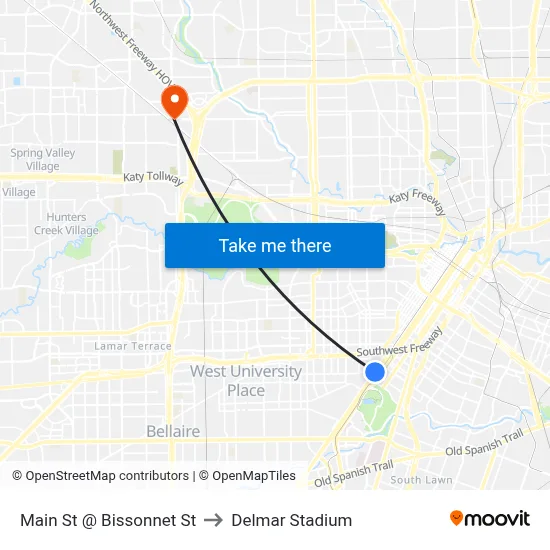 Main St @ Bissonnet St to Delmar Stadium map