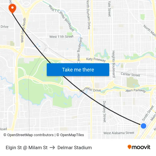 Elgin St @ Milam St to Delmar Stadium map