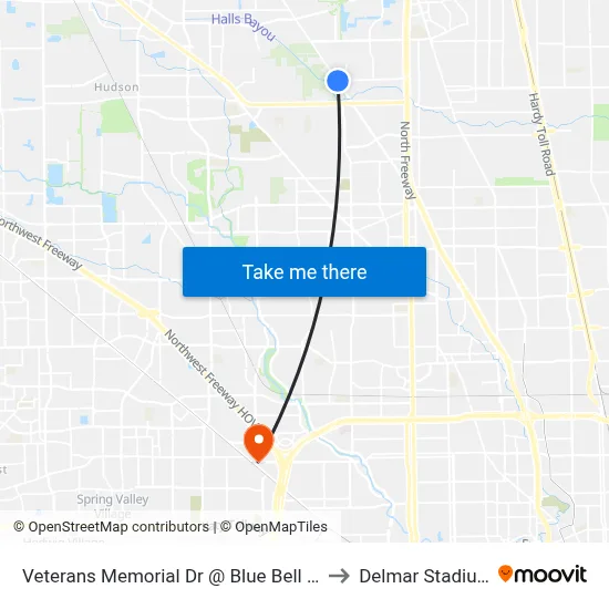 Veterans Memorial Dr @ Blue Bell Rd to Delmar Stadium map