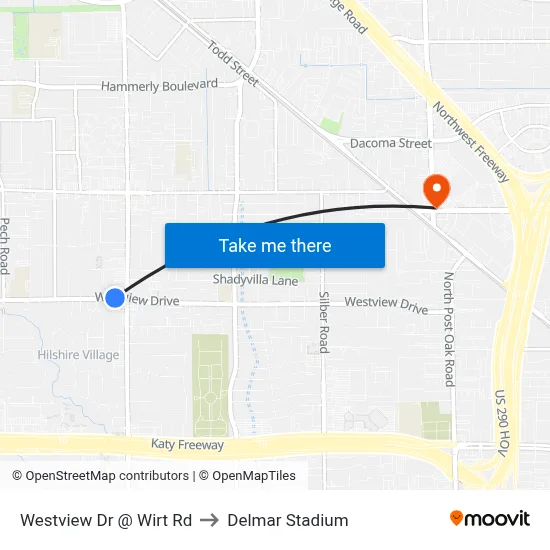 Westview Dr @ Wirt Rd to Delmar Stadium map