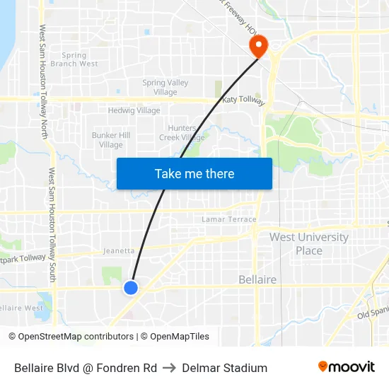 Bellaire Blvd @ Fondren Rd to Delmar Stadium map