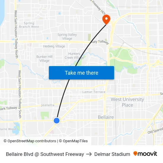 Bellaire Blvd @ Southwest Freeway to Delmar Stadium map