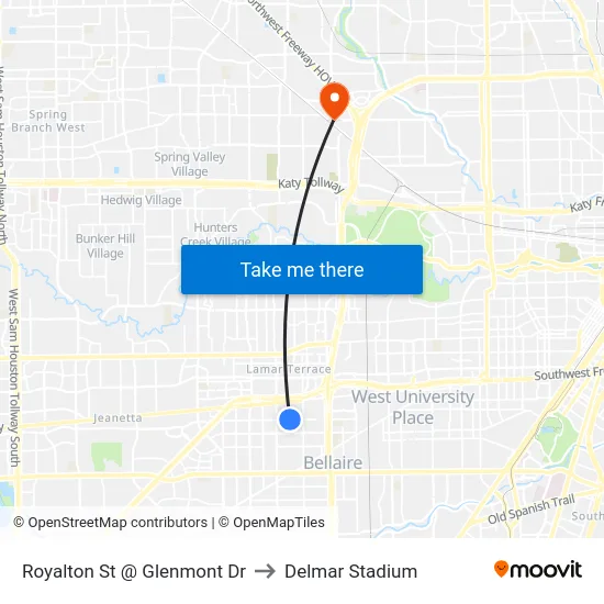 Royalton St @ Glenmont Dr to Delmar Stadium map