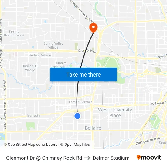 Glenmont Dr @ Chimney Rock Rd to Delmar Stadium map