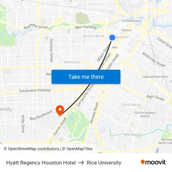 Hyatt Regency Houston Hotel to Rice University map