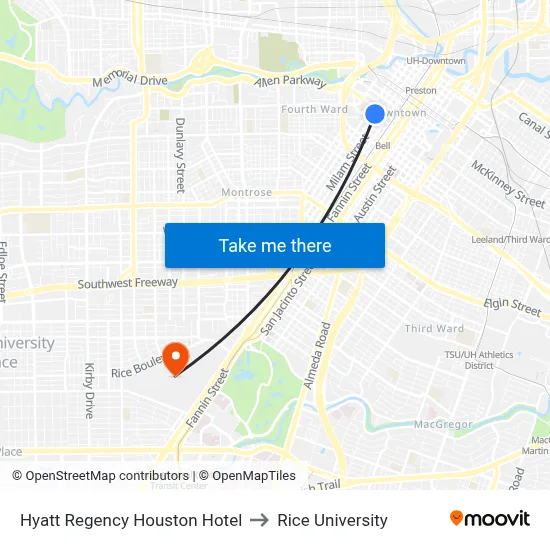 Hyatt Regency Houston Hotel to Rice University map
