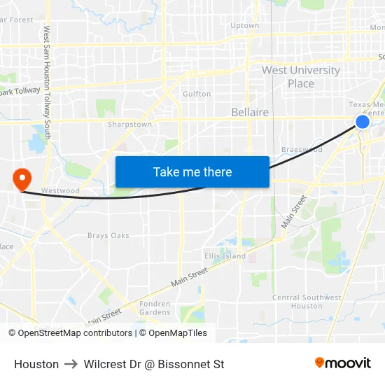 Houston to Wilcrest Dr @ Bissonnet St map
