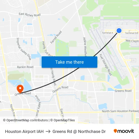 Houston Airport IAH to Greens Rd @ Northchase Dr map