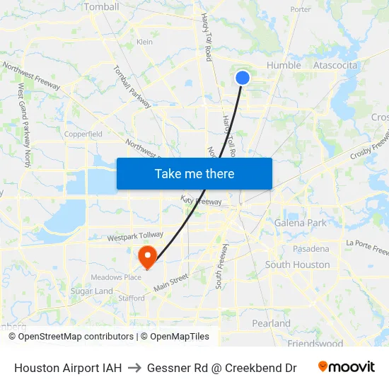 Houston Airport IAH to Gessner Rd @ Creekbend Dr map