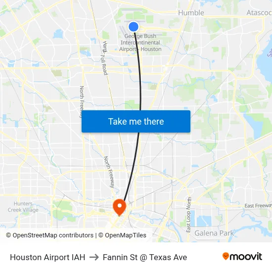 Houston Airport IAH to Fannin St @ Texas Ave map
