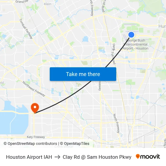 Houston Airport IAH to Clay Rd @ Sam Houston Pkwy map