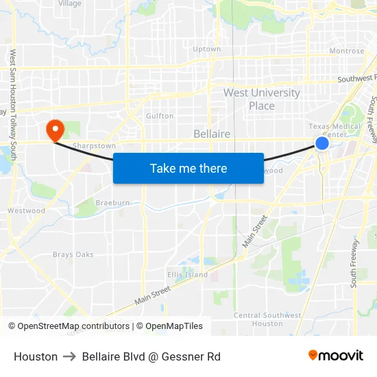 Houston to Bellaire Blvd @ Gessner Rd map