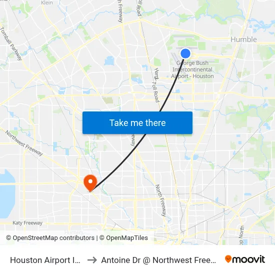 Houston Airport IAH to Antoine Dr @ Northwest Freeway map
