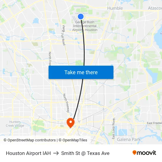 Houston Airport IAH to Smith St @ Texas Ave map